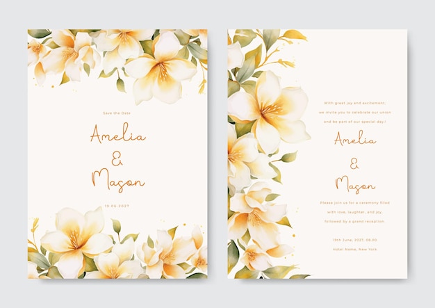 Wedding invitation card with white frangipani floral Hand painting wedding invitation background