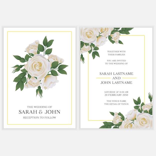 Wedding invitation card with white rose flower bouquet