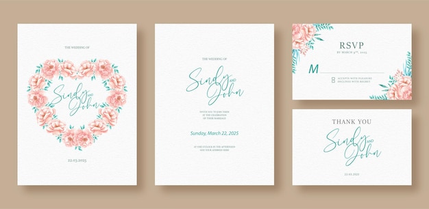 벡터 하트 모양 수채화 그림의 장미 꽃 화환이 있는 결혼식 초대 카드