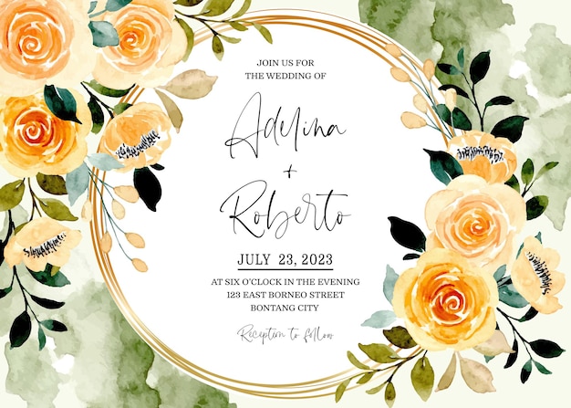 Wedding invitation card with yellow floral watercolor