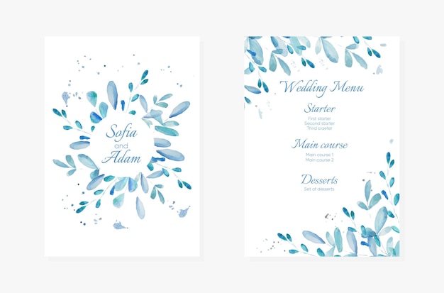 Biglietti d'invito per matrimoni blu invito al design della collezione in stile acquerello e modello di menu