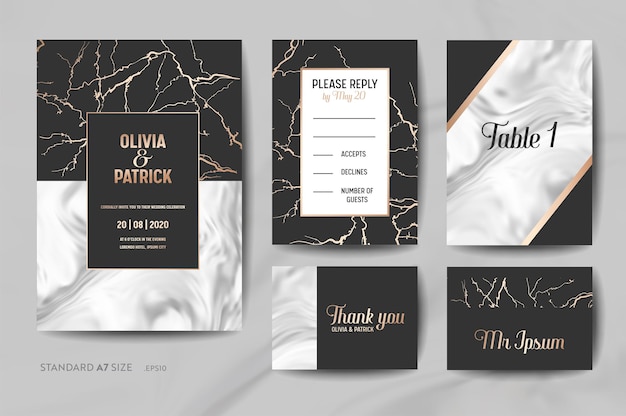 Wedding invitation cards collection. save the date, rsvp, signs with trendy marble texture background and gold geometric frame design illustration in vector