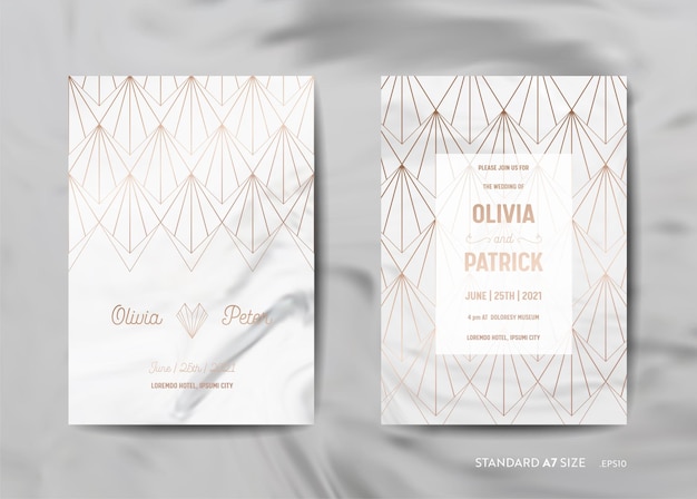 Wedding invitation cards collection. save the date, rsvp with trendy marble texture background and gold geometric art deco frame design illustration in vector