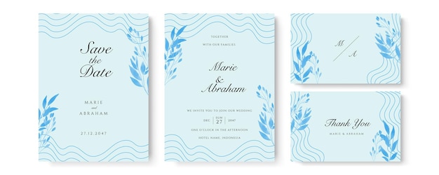 結婚式の招待カードネイビーブルーの水彩スタイルのコレクションのデザイン、水彩テクスチャの背景、パンフレット、招待状のテンプレート。ビジネスアイデンティティスタイル。ベクトルを招待