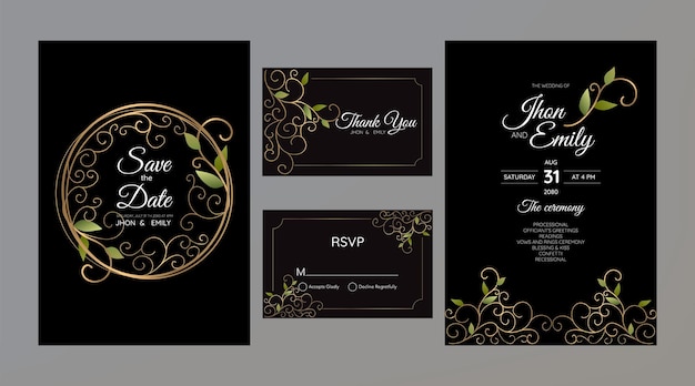 結婚式の招待カードは日付を保存しますありがとうrsvpテンプレートベクトル白と金の線