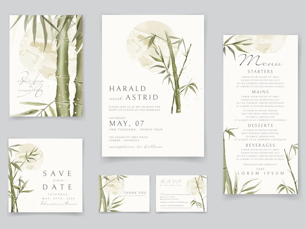 Wedding invitation cards set with elegant bamboo hand drawn