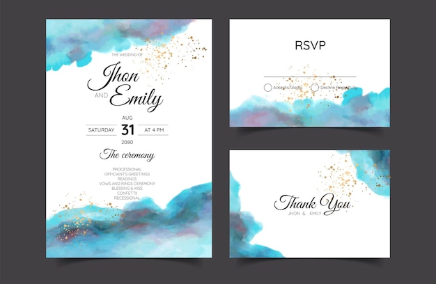 結婚式の招待カードの水彩画のテクスチャと豪華なタッチのための偽の金のスプラッシュ