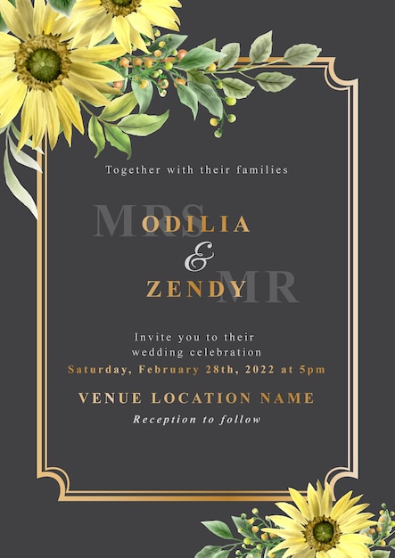 Vector wedding invitation cards with beautiful hand drawn sunflower