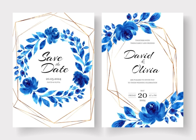Vettore biglietti d'invito di nozze con foglie di fiori blu dell'acquerello e cornice dorata su sfondo bianco