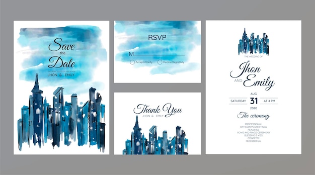 Wedding invitation cards with Metropolis City watercolor