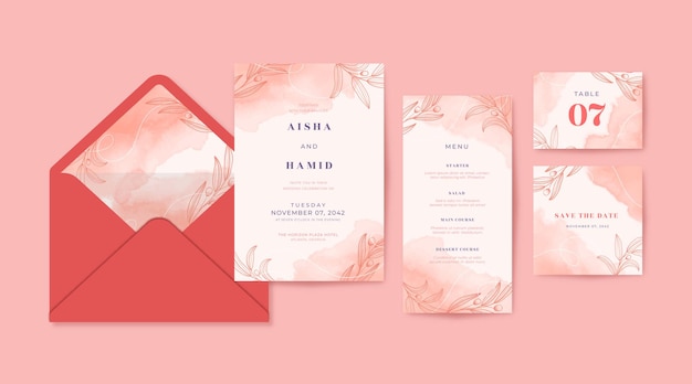 Wedding invitation collection with beautiful pink watercolor