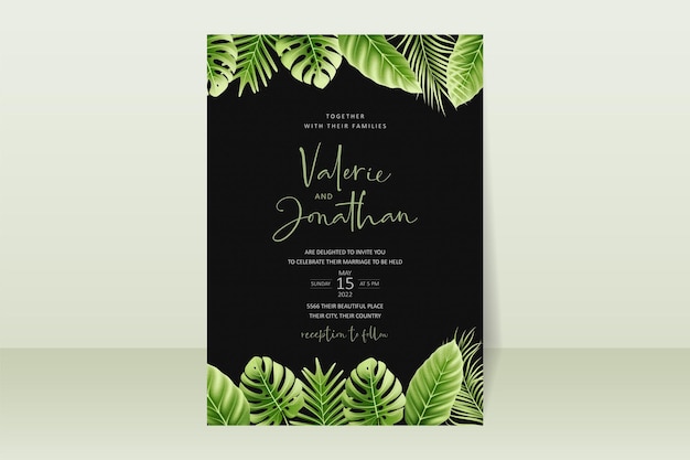 Wedding invitation concept with realistic tropical leaves