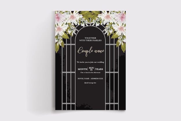 花を持つカップルの結婚式の招待状。