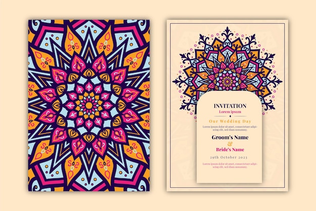 Wedding invitation design created with colorful and beautiful mandala