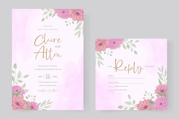 Wedding invitation design with pink chrysanthemum flower