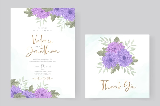 Wedding invitation design with purple chrysanthemum flower