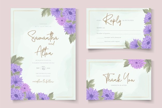 Wedding invitation design with purple chrysanthemum flower