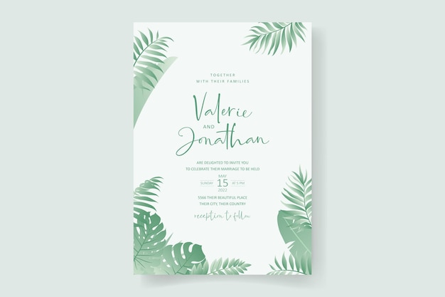 熱帯の葉飾りと結婚式の招待状のデザイン