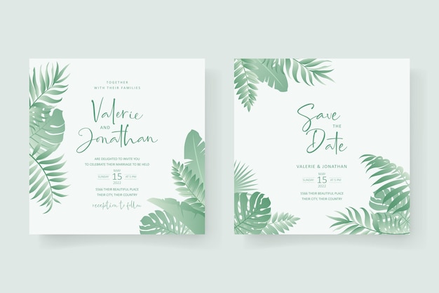 Design per invito a nozze con ornamento di foglie tropicali
