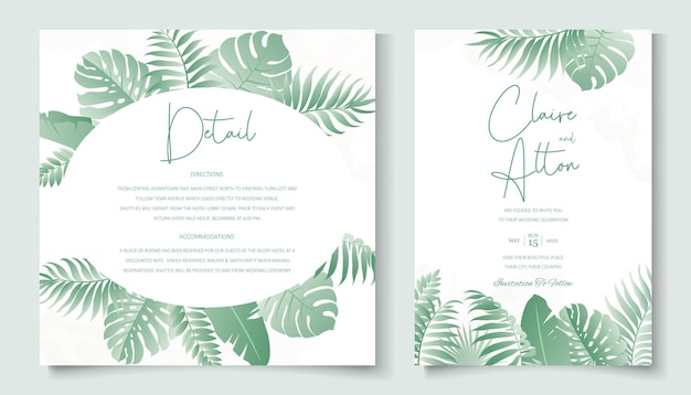 Wedding invitation design with tropical leaf ornament