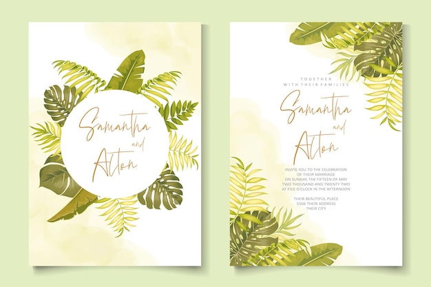 Wedding invitation design with tropical leaves