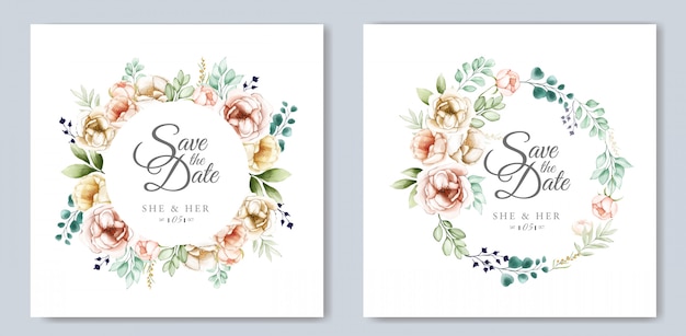 Vector wedding invitation design with watercolor floral and leaves