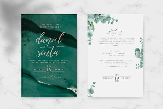 Wedding invitation and Details template with emerald green beautiful watercolor leaves