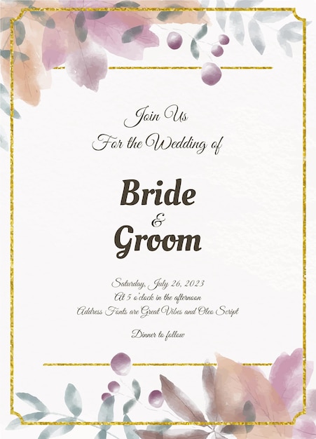 Wedding invitation elegant fall watercolor foliage with golden frame