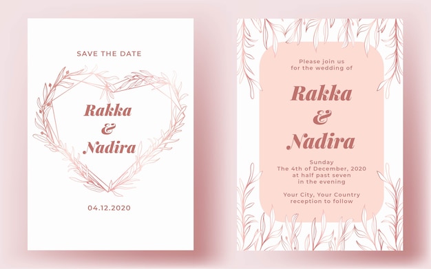 Wedding invitation elegant gold pink heart hand drawn