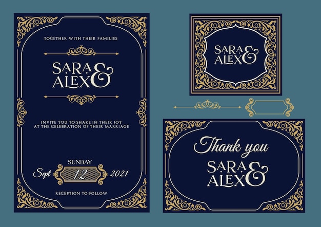 Wedding invitation elegant set blue and gold card