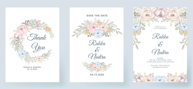 Vector wedding invitation elegant simple simple with rose pastel color pink peach leaf watercolor decoration
