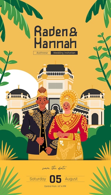 Wedding invitation envelope design with colorful flat style indonesian traditional dress illustration