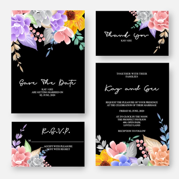 結婚式招待状、花の招待状ありがとう、rsvpモダンなカードデザインテンプレート