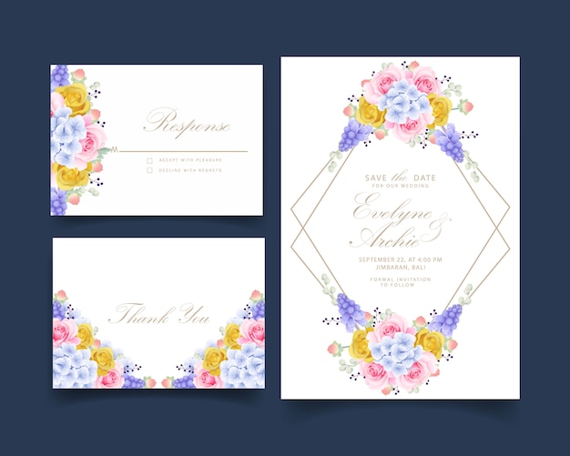 Vector wedding invitation floral roses and hydrangeas