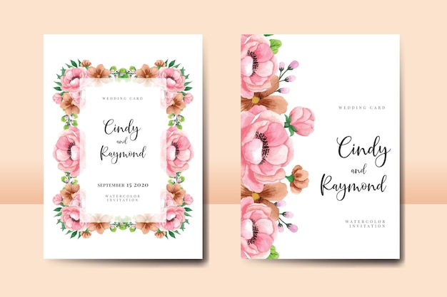 Wedding invitation frame set, floral watercolor hand drawn peony flower invitation card template