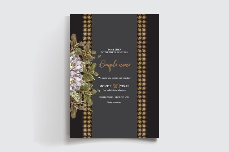 Vector wedding invitation frame with flower decorations and fresh leaves