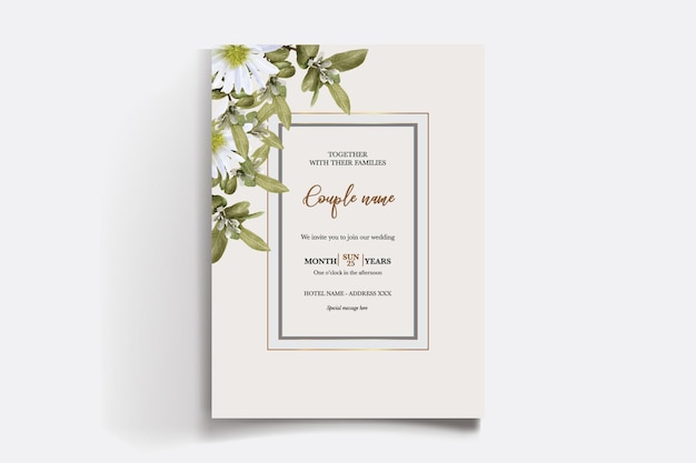 WEDDING INVITATION FRAME WITH FLOWER DECORATIONS AND FRESH LEAVES