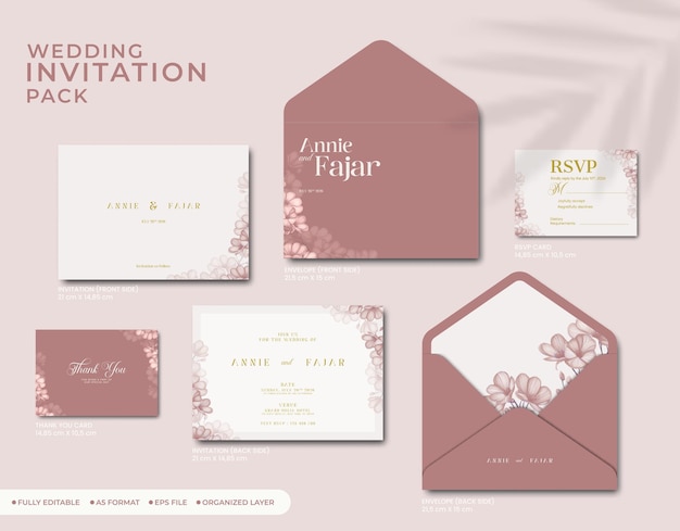 Wedding invitation full pack with flower watercolor premium vector