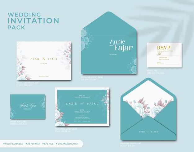 wedding invitation full pack with flower watercolor premium vector