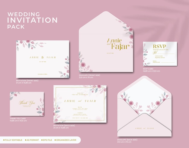 Wedding invitation full pack with flower watercolor premium vector