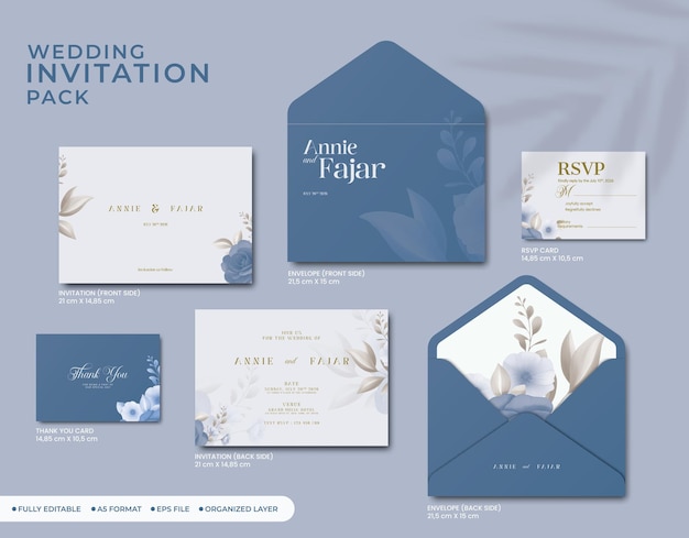 Wedding invitation full pack with flower watercolor premium vector