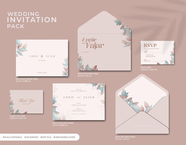 wedding invitation full pack with flower watercolor premium vector