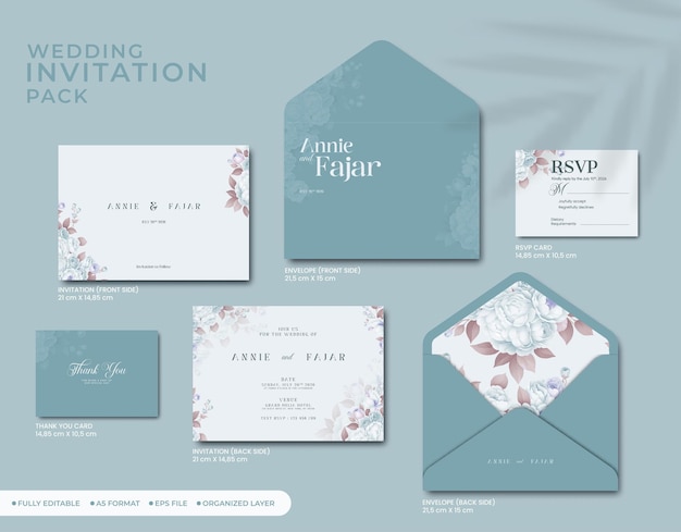 wedding invitation full set with flower watercolor premium vector