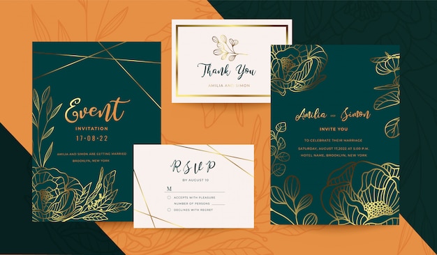 Vector wedding invitation gold and floral design collection