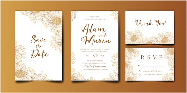 Vector wedding invitation golden set with beauty floral tulip flower abstract doodle hand drawn style ornament decoration