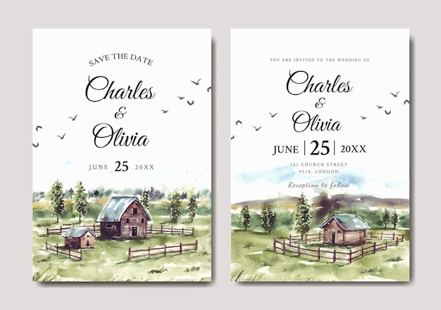 Vector wedding invitation of green nature landscape with house and farm watercolor