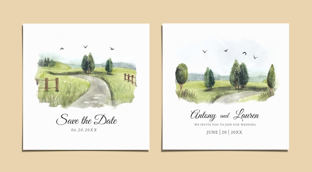 Vector wedding invitation of green nature landscape with road and garden fence watercolor