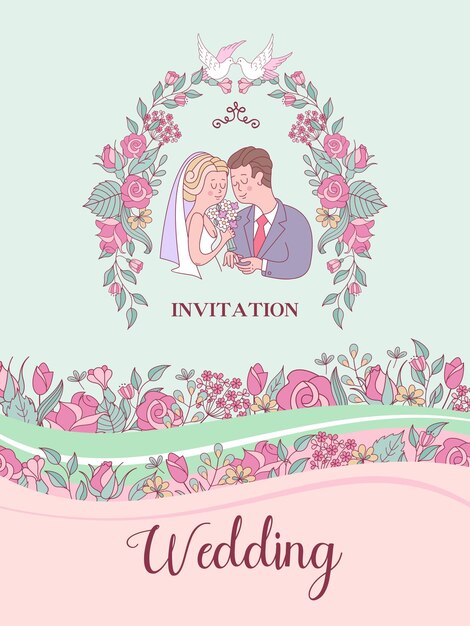 Invito a nozze. matrimoni felici. bella carta di matrimonio con la sposa e lo sposo che si scambiano le fedi nuziali. illustrazione di vettore con spazio per testo decorato con fiori di nozze delicati.