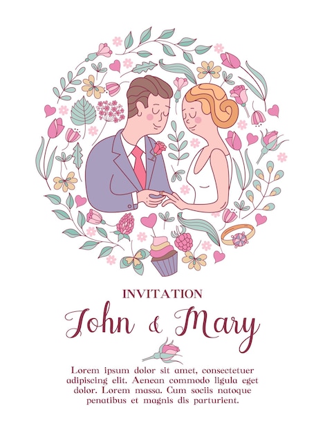 Wedding invitation. happy weddings. beautiful wedding card with bride and groom exchanging wedding rings.vector illustration with space for text decorated with delicate wedding flowers.