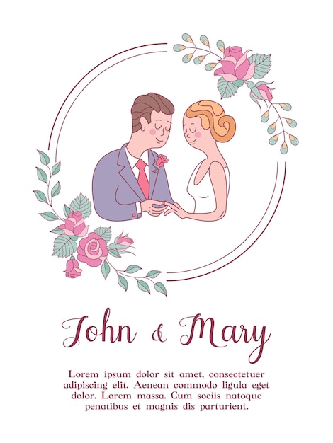 Wedding invitation. happy weddings. beautiful wedding card with bride and groom exchanging wedding rings.vector illustration with space for text decorated with delicate wedding flowers.